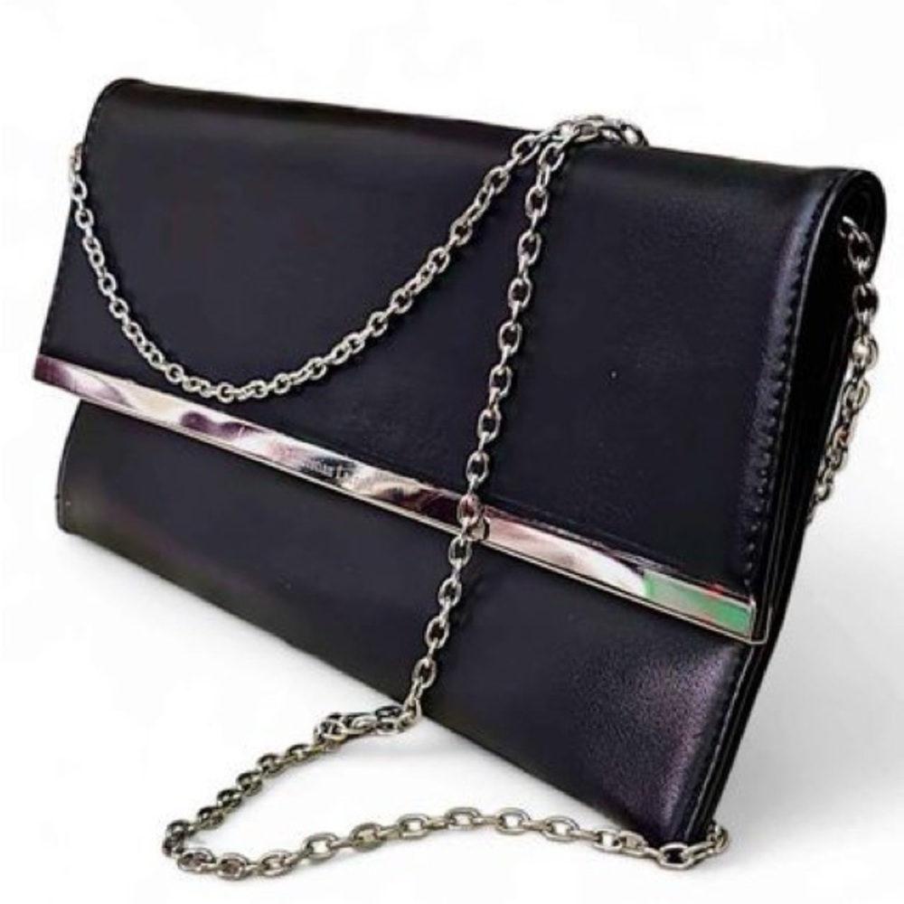 Christian Lacroix Slim Envelope Black Clutch Evening Bag w/Silver Chain Strap